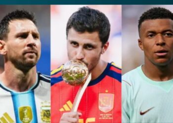 Os jogadores Lionel Messi, Rodri e Kylian Mbappé