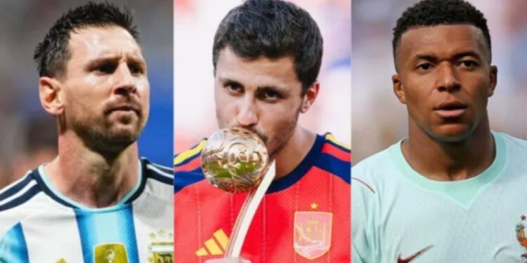 Os jogadores Lionel Messi, Rodri e Kylian Mbappé