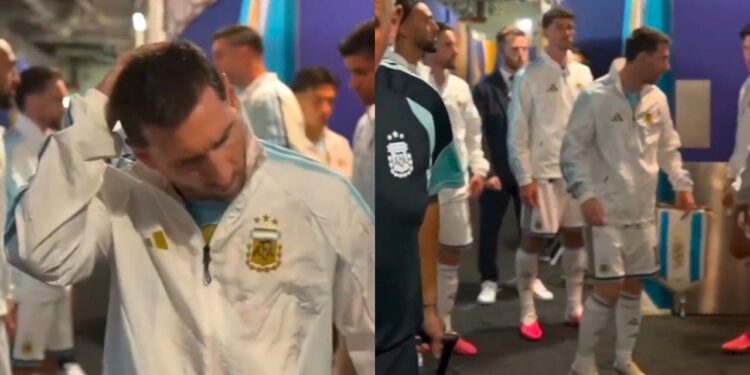 Lionel Messi junto com outros jogadores da seleção Argentina antes da final. Imagem: Reprodução/ESPN