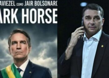 Imagem de divulgação de Dark Horse e Flávio Bolsonaro (PL). Arte: Reprodução