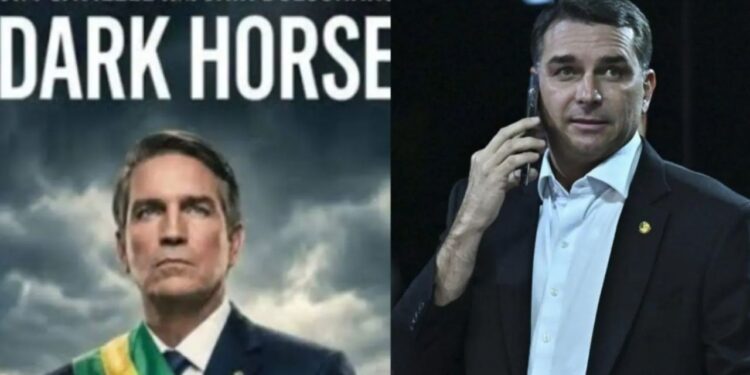 Imagem de divulgação de Dark Horse e Flávio Bolsonaro (PL). Arte: Reprodução