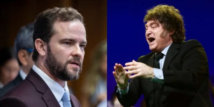 O ministro da Fazenda, Dario Durigan; e o presidente da Argentina, Javier Milei.