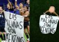 Jogadores da Argentina com bandeira "As Malvinas são Argentinas" após vitória sobre Inglaterra na Copa