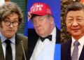 Os presidentes Javier Milei, Donald Trump e Xi Jinping