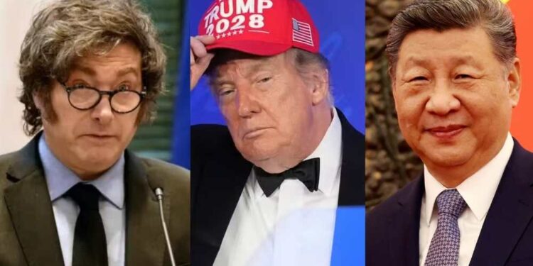 Os presidentes Javier Milei, Donald Trump e Xi Jinping