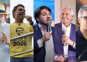Da esquerda para a direita, os presidenciáveis Lula, Flávio Bolsonaro, Renan Santos, Ronaldo Caiado e Romeu Zema
