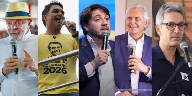 Da esquerda para a direita, os presidenciáveis Lula, Flávio Bolsonaro, Renan Santos, Ronaldo Caiado e Romeu Zema