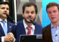 O deputado federal Eduardo da Fonte (PP), deputado federal Túlio Gadêlha (PSD) e o ex-prefeito Miguel Coelho (União Brasil) (esq. p/ dir.)