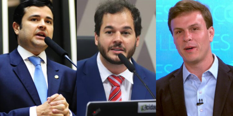 O deputado federal Eduardo da Fonte (PP), deputado federal Túlio Gadêlha (PSD) e o ex-prefeito Miguel Coelho (União Brasil) (esq. p/ dir.)