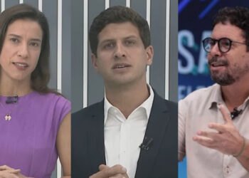 A governadora Raquel Lyra (PSD), o ex-prefeito do Recife João Campos (PSB) e o candidato a governador Ivan Moraes (esq. p/ dir.)