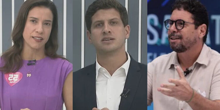 A governadora Raquel Lyra (PSD), o ex-prefeito do Recife João Campos (PSB) e o candidato a governador Ivan Moraes (esq. p/ dir.)