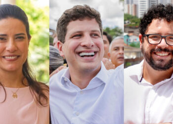 Os candidatos ao Governo do Estado: Raquel Lyra (PSD),
João Campos (PSB) e Ivan Moraes (PSOL)