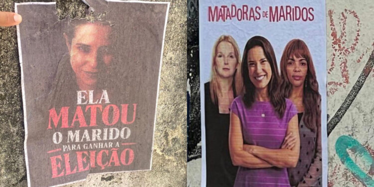 Em outro material, Raquel aparece numa montagem ao lado de Elize Matsunaga e da ex-deputada Flordelis