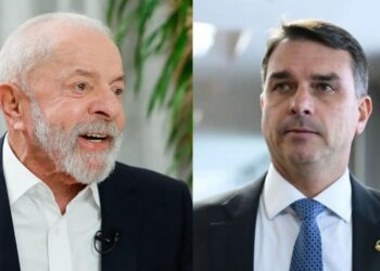 Os candidatos à presidência da República, Lula (PT) e Flávio Bolsonaro (PL).