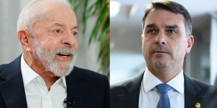 Os candidatos à presidência da República, Lula (PT) e Flávio Bolsonaro (PL).