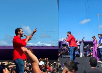 O candidato ao senado, Túlio Gadêlha (PSD) discursa ao lado da governadora Raquel Lyra (PSD), da vice, Priscila Krause, e de Eduardo da Fonte (PP).