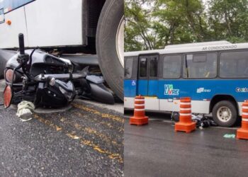Moto ficou presa embaixo de ônibus durante acidente