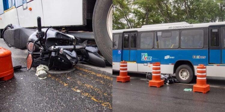 Moto ficou presa embaixo de ônibus durante acidente