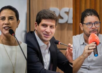 Os candidatos ao Governo do Estado de Pernambuco: Raquel Lyra (PSD), João Campos (PSB) e Ivan Moraes (PSOL)