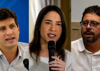 Os candidatos ao Governo do Estado: João Campos (PSB), Raquel Lyra (PSD) e Ivan Moraes (PSOL)