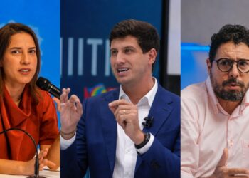 Os candidatos ao Governo do Estado: Raquel Lyra (PSD), João Campos (PSB) e Ivan Moraes (PSOL)