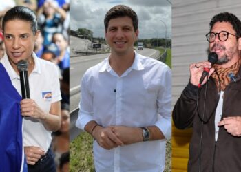 Os candidatos ao Governo do Estado: Raquel Lyra (PSD), João Campos (PSB) e Ivan Moraes (PSOL).