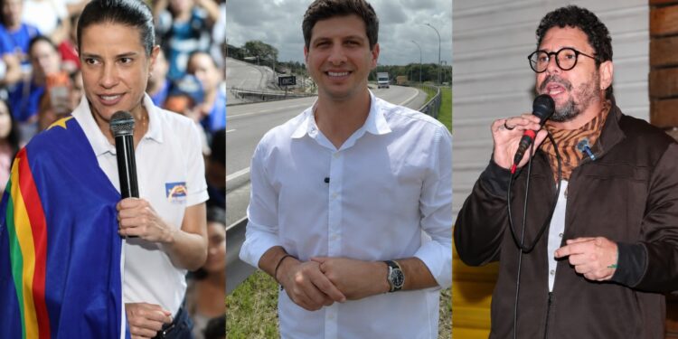 Os candidatos ao Governo do Estado: Raquel Lyra (PSD), João Campos (PSB) e Ivan Moraes (PSOL).