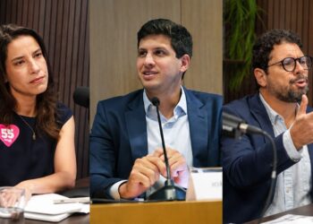 Os candidatos ao Governo de Pernambuco: Raquel Lyra (PSD), João Campos (PSB) e Ivan Moraes (PSOL)