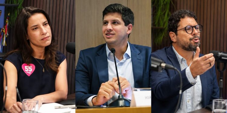Os candidatos ao Governo de Pernambuco: Raquel Lyra (PSD), João Campos (PSB) e Ivan Moraes (PSOL)