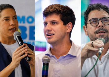 Os candidatos ao governo do Estado: Raquel Lyra (PSD), João Campos (PSB) e Ivan Moraes (PSOL)