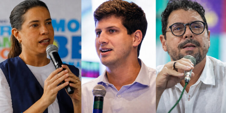 Os candidatos ao governo do Estado: Raquel Lyra (PSD), João Campos (PSB) e Ivan Moraes (PSOL)