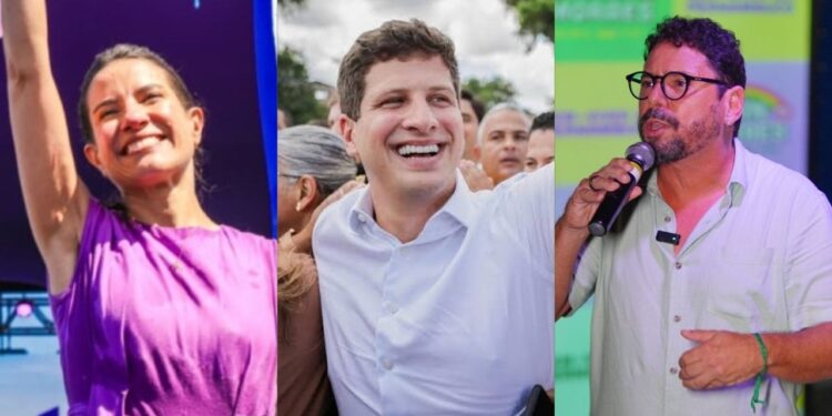 Os candidatos ao Governo de Pernambuco: Raquel Lyra (PSD), João Campos (PSB), Ivan Moraes (PSOL)