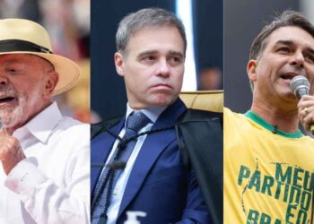 Lula (PT), ministro André Mendonça e Flávio Bolsonaro (PL) (Da esq. p/ dir.)