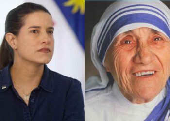 Raquel Lyra (PSD) e Santa Teresa de Calcutá (Da esq. p/ dir.)