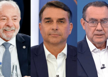 Lula (PT), Flávio Bolsonaro (PL) e Augusto Cury (Avante) (esq. p/ dir.)