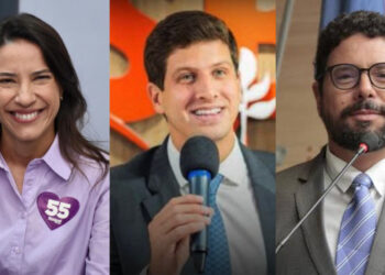 Raquel Lyra (PSD), João Campos (PSD) e Ivan Moraes (PSOL) (esq. p/ dir.)