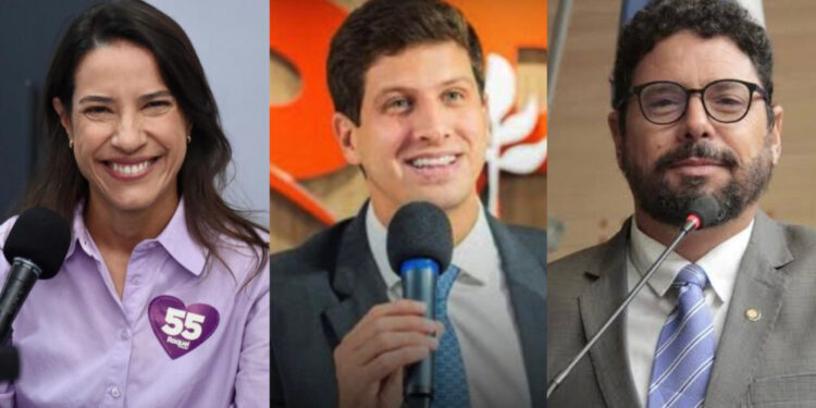 Raquel Lyra (PSD), João Campos (PSD) e Ivan Moraes (PSOL) (esq. p/ dir.)