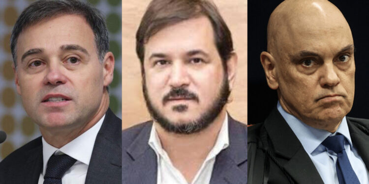 O ministro André Mendonça, Antônio Rueda, presidente do União Brasil e o ministro Alexandre de Moraes (esq. p/ dir.)
