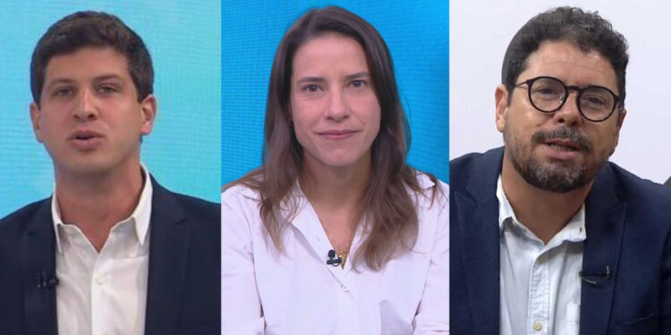 Os Candidatos ao Governo são: João Campos (PSB), Raquel Lyra (PSD) e Ivan Moraes (PSOL) (esq. p/ dir.)