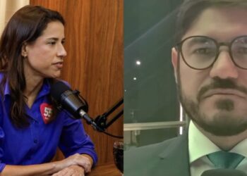 Raquel Lyra, candidata à reeleição pelo PSD e o jornalista Wilson Lima, do Portal O Antagonista