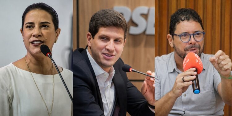 Os candidatos ao Governo de Pernambuco: Raquel Lyra (PSD), João Campos (PSB) e Ivan Moraes (PSOL)