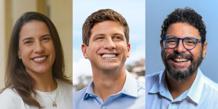 Os candidatos ao Governo de Pernambuco: Raquel Lyra (PSD), João Campos (PSB) e Ivan Moraes (PSOL)