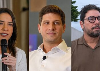 Os candidatos ao Governo de Pernambuco: Raquel Lyra (PSD), João Campos (PSB) e Ivan Moraes (PSOL)