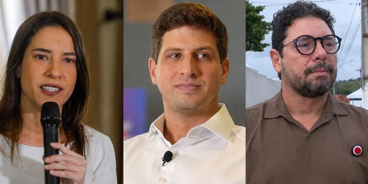 Os candidatos ao Governo de Pernambuco: Raquel Lyra (PSD), João Campos (PSB) e Ivan Moraes (PSOL)