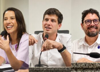 Os candidatos ao Governo do Estado: Raquel Lyra (PSD), João Campos (PSB) e Ivan Moraes (PSOL)