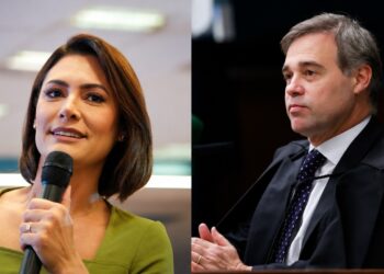 A ex-primeira-dama Michelle Bolsonaro (PL) e o ministro André Mendonça