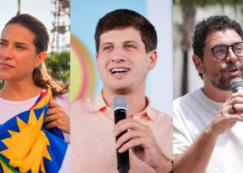 Os candidatos ao Governo de Pernambuco: Raquel Lyra (PSD), João Campos (PSB) e Ivan Moraes (PSOL)