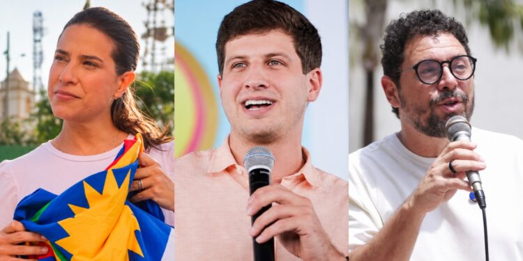 Os candidatos ao Governo de Pernambuco: Raquel Lyra (PSD), João Campos (PSB) e Ivan Moraes (PSOL)