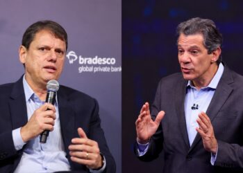 O governador de São Paulo Tarcísio Gomes de Freitas (Republicanos) e o ex-ministro da Fazenda Fernando Haddad (PT)