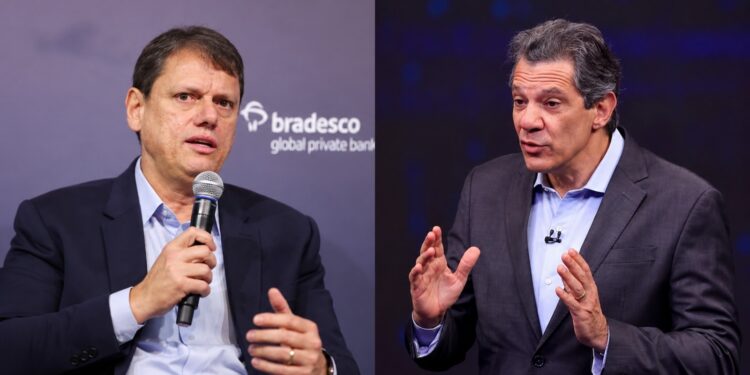 O governador de São Paulo Tarcísio Gomes de Freitas (Republicanos) e o ex-ministro da Fazenda Fernando Haddad (PT)